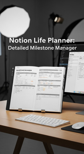 A professional studio with a Notion Life Planner overlay text Notion Life Planner Detailed Milestone.jpg