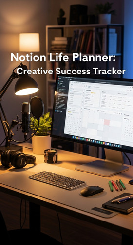 A professional studio with a Notion Life Planner overlay text Notion Life Planner Creative Success T.jpg