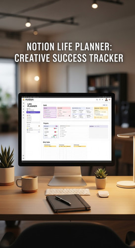 A professional studio with a Notion Life Planner overlay text Notion Life Planner Creative Success T.jpg