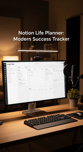 A professional studio with a Notion Life Planner overlay text Notion Life Planner Modern Success Tra.jpg