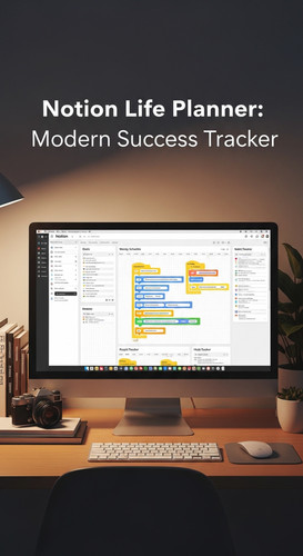 A professional studio with a Notion Life Planner overlay text Notion Life Planner Modern Success Tra.jpg