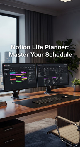 A professional suite with a dualmonitor setup showing a Notion Life Planner overlay text Notion Life.jpg