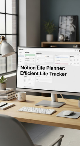 A professional desk with a Notion Life Planner on screen overlay text Notion Life Planner Efficient .jpg