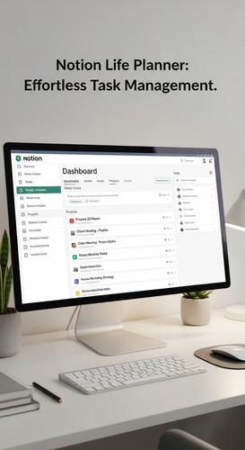 A professional desk with a Notion Life Planner on screen overlay text Notion Life Planner Effortless.jpg