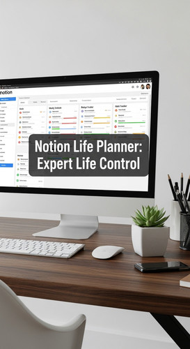 A professional desk with a Notion Life Planner on screen overlay text Notion Life Planner Expert Lif.jpg