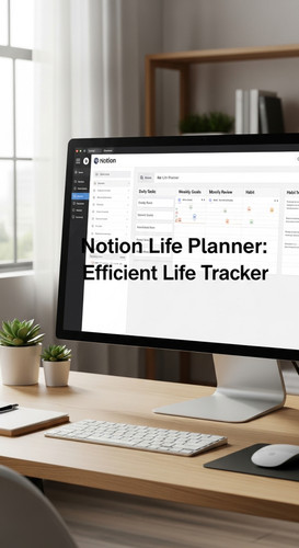 A professional desk with a Notion Life Planner on screen overlay text Notion Life Planner Efficient .jpg