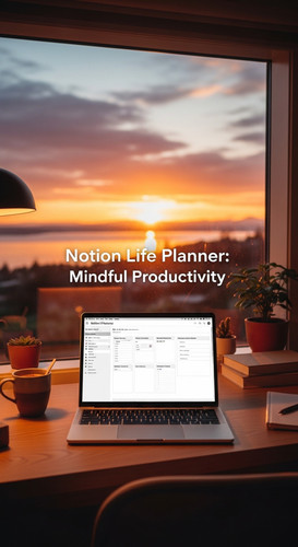 A workspace with a sunset view a laptop showing a Notion Life Planner overlay text Notion Life Plann.jpg