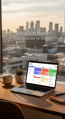 A workspace with a window view a laptop showing a Notion Life Planner overlay text Notion Life Plann.jpg