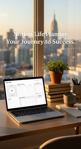 A workspace with a window view a laptop showing a Notion Life Planner overlay text Notion Life Plann.jpg