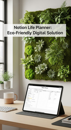 A workspace with a vertical garden an iPad displaying a Notion Life Planner overlay text Notion Life.jpg