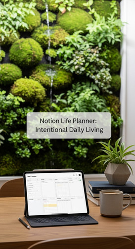 A workspace with a vertical garden an iPad showing a Life Planner overlay text Notion Life Planner I.jpg