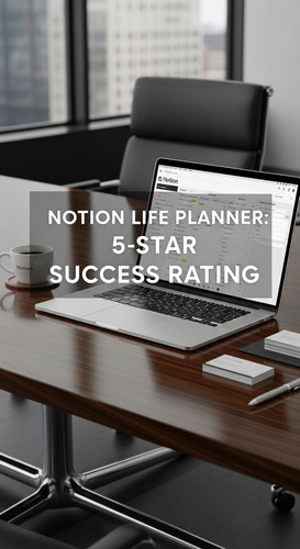 A sleek corporate boardroom desk with a laptop showing a Notion Life Planner overlay text Notion Lif.jpg