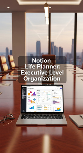 A sleek corporate boardroom setting with a laptop showing a Life Planner overlay text Notion Life Pl.jpg