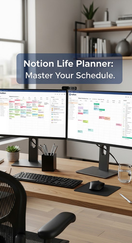 A professional suite with a dualmonitor setup showing a Notion Life Planner overlay text Notion Life.jpg