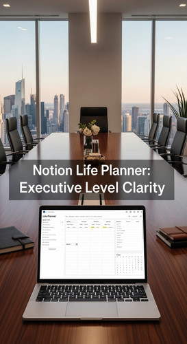 A sleek corporate boardroom setting with a laptop showing a Life Planner overlay text Notion Life Pl.jpg