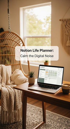 A serene home office with a hanging basket chair and a laptop showing a Life Planner overlay text No.jpg
