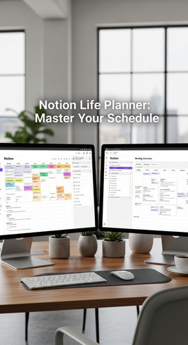 A professional suite with a dualmonitor setup showing a Notion Life Planner overlay text Notion Life.jpg