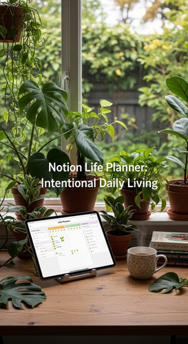 A workspace with a botanical vibe an iPad showing a Life Planner overlay text Notion Life Planner In.jpg
