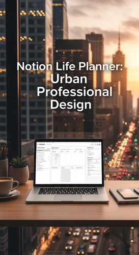 A workspace with a city view a laptop showing a Notion Life Planner overlay text Notion Life Planner.jpg