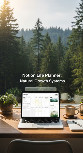 A workspace with a forest view a laptop showing a Notion Life Planner overlay text Notion Life Plann.jpg