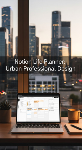 A workspace with a city view a laptop showing a Notion Life Planner overlay text Notion Life Planner.jpg