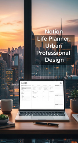 A workspace with a city skyline panorama a laptop showing a Notion Life Planner overlay text Notion .jpg