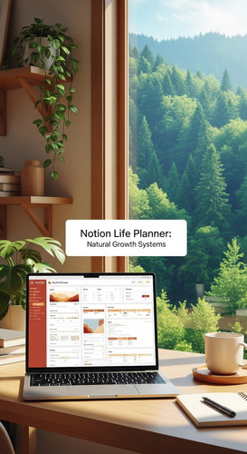 A workspace with a forest view a laptop showing a Notion Life Planner overlay text Notion Life Plann.jpg