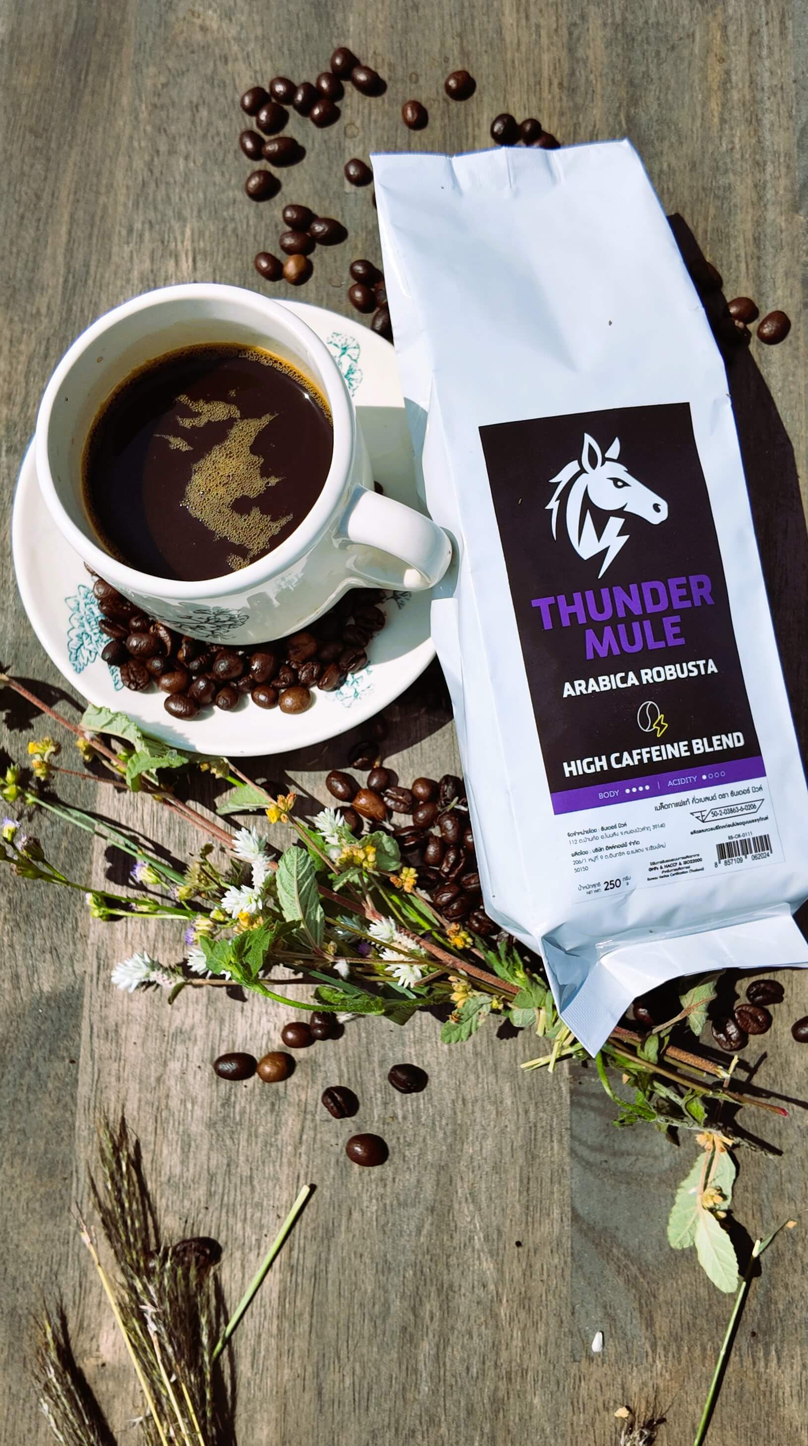Serene Thunder Mule Coffee cup with fresh beans and natural light – premium high-caffeine Vienna dark roast