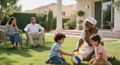 Ethiopian maid is playing gently with two children.jpg