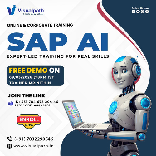 📊 Discover how Artificial Intelligence is transforming SAP environments and business processes.

👨‍🏫 Trainer: Mr. Nithin
📅 Date: 09/03/2026 (Monday)
⏰ Time: 8:00PM IST
🔗 Join Live: http://bit.ly/3PbP7gI 
🆔 Meeting ID: 451 784 675 204 46
🔐 Passcode: A4Aa2AG2

What to expect in this Demo:
SAP AI Roadmap: AI Core & Business AI insights.
GenAI Integration: Using LLMs within the SAP ecosystem.
SAP BTP Preview: Building intelligent applications.
Live Q&A: Get expert answers in real-time.

🎯 This demo is perfect for SAP consultants, developers, and tech enthusiasts ready to bridge the gap between SAP and Generative AI.
📞 Contact: +91 7032290546
📲 𝗩𝗶𝘀𝗶𝘁: https://www.visualpath.in/sap-artificial-intelligence-training.html