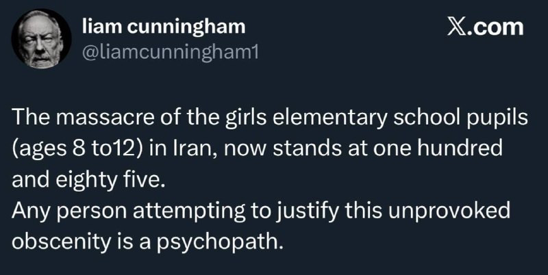 ليام كونينغهام، الممثل الإيرلندي وأحد أبطال مسلسل صراع العروش: وصل عدد ضحايا قتل طفلات المدرسة الإيرانية إلى 185، كل من يحاول تبرير هذه الفظاعة هو شخص...