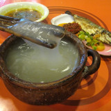 Papeda (sago congee), Kuah Kuning (yelow soup) and  Ikan Tude Bakar (grilled fish) with Dabu-dabu an