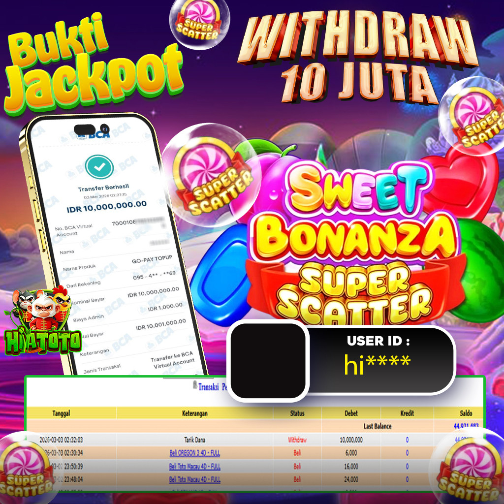 HIATOTO KACKPOT!!! Jackpot SWEET BONANZA SUPER SCATTER Ssebesar Rp 10.000.000 Juta Di Bayar Lunas!