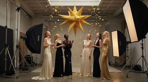 a wide shot of a group of beautiful joyful caucasian top models, wearing luxury modern minimal saint.png