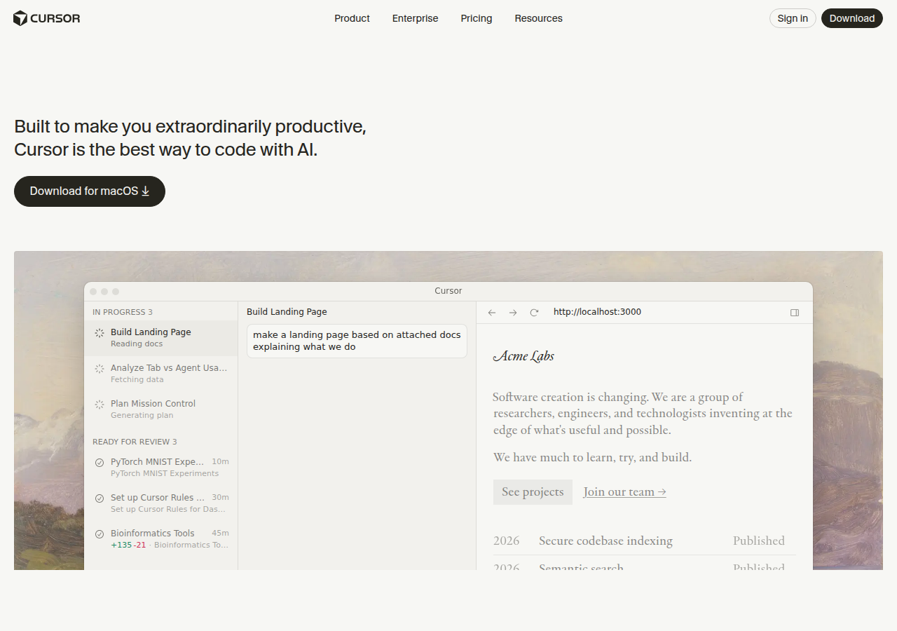 Cursor AI 코딩 에디터 메인 화면