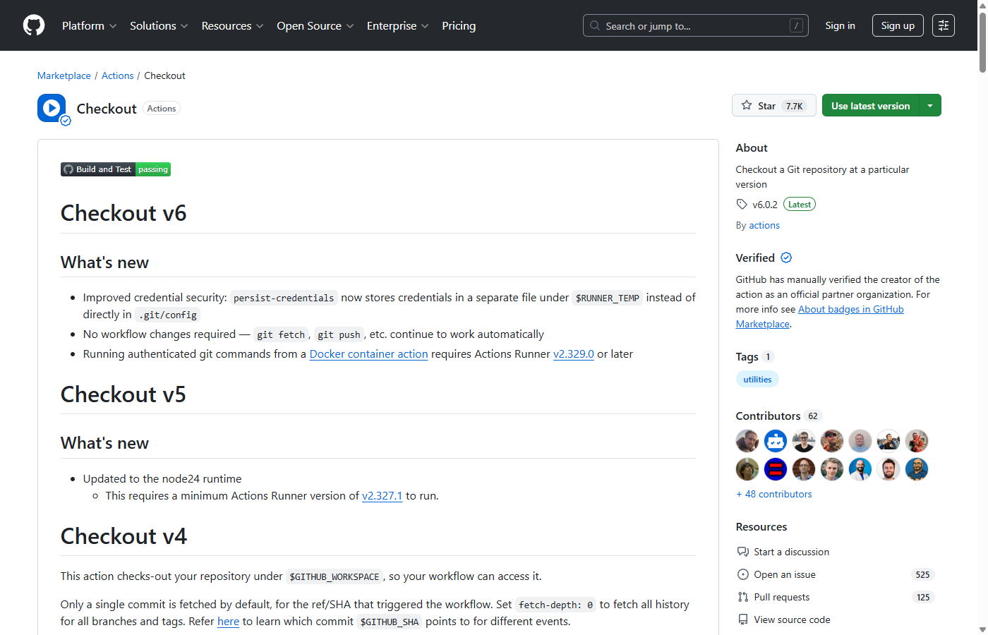 actions/checkout 마켓플레이스 페이지