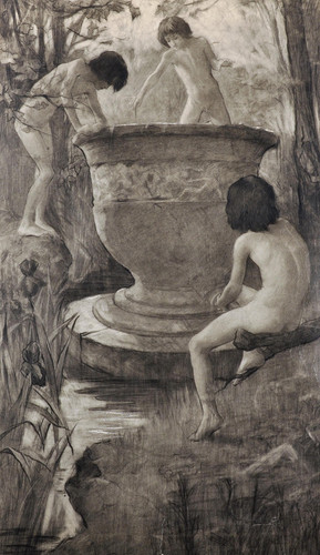19th Century French School. Naked Boys in a River Landscape, playing around a Classical Urn, Waterco.jpg