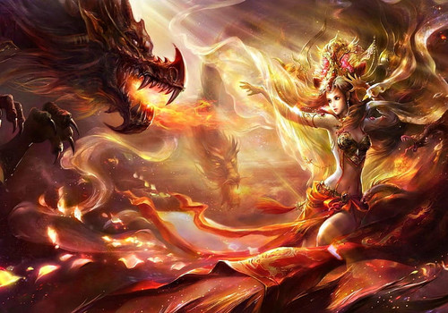 HD wallpaper sorceress and dragons red art orange sorceress woman dragon fire fantasy girl magical b.1