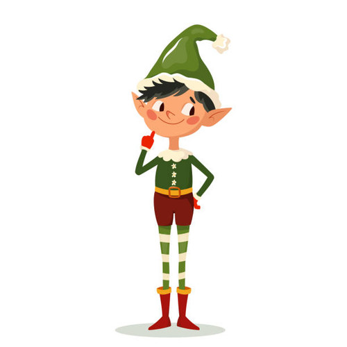 Little elf in green cap thought about prank. Santa Claus little helper fun character isolated on whi.jpg