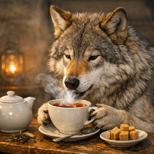 Wolf blowing in cup of tea create picyure .png