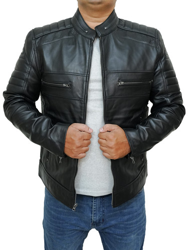 Mens Customized Cafe Racer Quilted Moto Biker Bomber Costumes Black real lambskin Leather Jacket (4).jpg