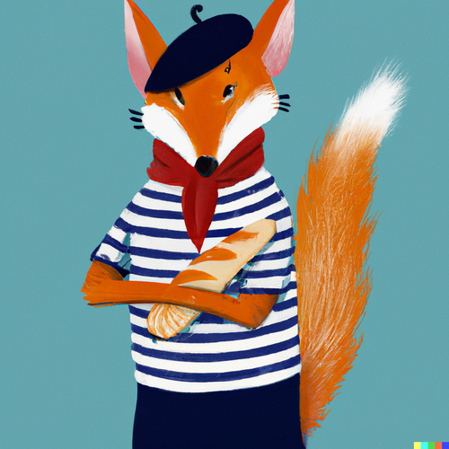 DALL·E 2022 06 17 09.18.49 A french fox with a stripe shirt a beret and a baguette..png
