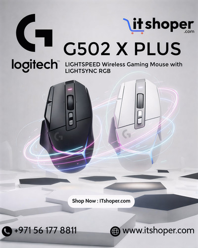 Logitech G502 X PLUS wireless gaming mouse with RGB lighting in black and white variants, showcased .jpg