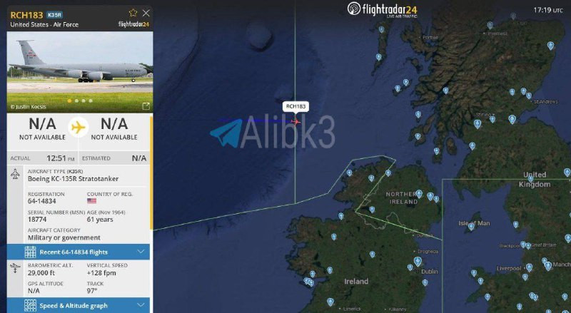 طائرة تزود بالوقود KC-135R أميركية تتجه إلى أوروبا في طريقها إلى الشرق الأوسط.

وصل عدد طائرات التزود بالوقود التي وصلت إلى الشرق الأوسط وأوروبا إلى 1...