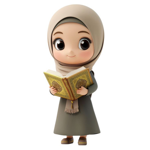 Download A cartoon Muslim girl in a hijab holding the Quran while standing in a peaceful setting, 3D.jpg