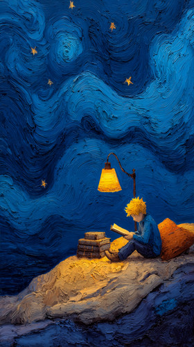 dovakin 2024 Little Prince reading by lamplight on asteroid Van 49214187 32de 4226 8057 ab453be968a7.jpg