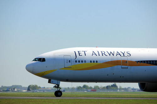 Amsterdam the Netherlands - May 4th 2018: VT-JEM Jet Airways Boeing 777-300 takeoff from Polderbaan .jpg
