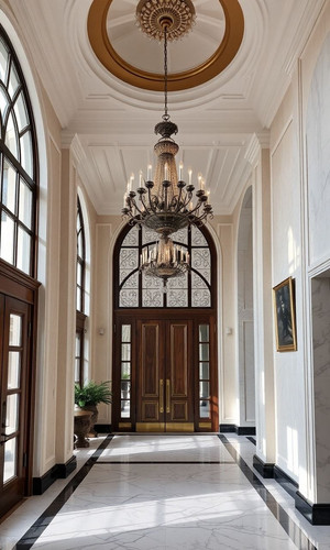 interior shot of a grand foyer with a chandelier and marble flooring.jpg