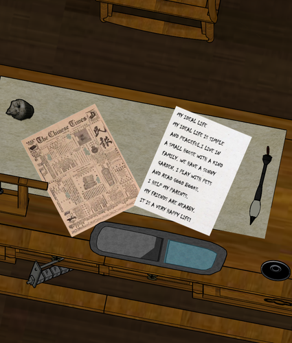 作业和抠了洞的报纸.png