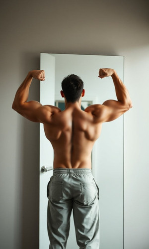 a person standing in front of a mirror flexing their muscles with a triumphant pose.jpg